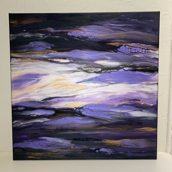 Hand Crafted Other - Hand painted 20x20 acrylic fluid Pour Art canvas painting purple black